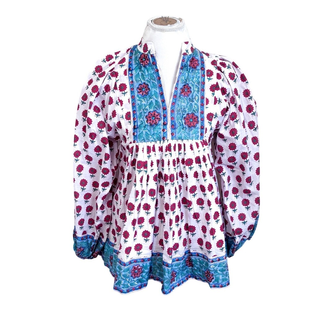 Victoria Dunn Womens Floral Boho Block Print Tunic Shirt Size XS Peasant Hippie